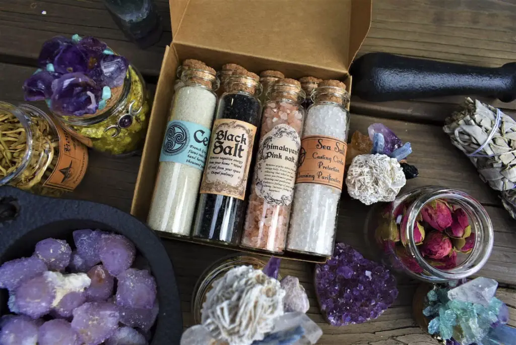 Witch sea salt set with celtic salt, black salt, himalayan pink salt, and sea salt